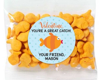 Great Catch Valentine Stickers, Treat Favor Bag Stickers for Valentines Day, Goldfish Crackers, Personalized