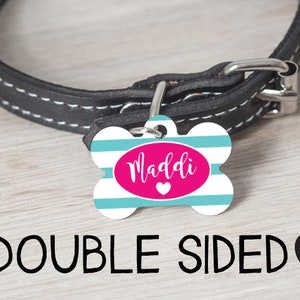Pet Id Tag, Personalized Dog Tag, Girl Dog Tag, Double Sided Dog Tag, Custom Dog Tag, Striped Dog Tag, Teal and Pink