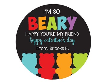 Gummy Bear Valentine Day Stickers, Personalized Classroom Labels for Valentines, I'm Beary Happy You're My Friend