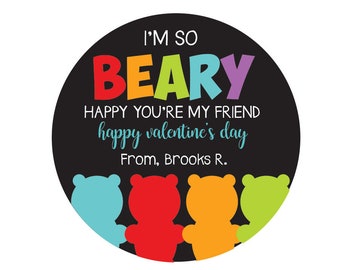 Gummy Bear Valentine Day Stickers, gepersonaliseerde klaslokaal labels voor Valentijnsdag, ik ben Beary Happy You're My Friend