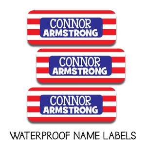 30 red white and blue striped name labels | Waterproof School Stickers | Patriotic | Daycare, Camp and School