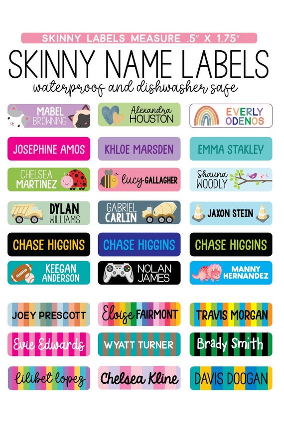 Kids Name Stickers Labels, Daycare Name Labels, Preschool Name Labels,  Skinny Name Labels, Waterproof Labels, Labels for School Supplies 