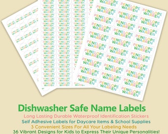 May include: A sheet of colorful, personalized name labels with the name "Penelope Warren" printed on each label. The labels are designed for daycare, school supplies, and other items. The text "Dishwasher Safe Name Labels" is printed at the bottom of the image.