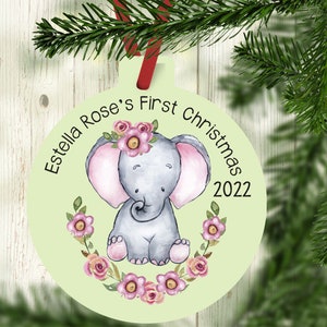 Baby's First Christmas Ornament, Personalized Baby's Christmas Ornament, Elephant Baby Ornament, New baby gift, baby girl Ornament green