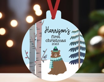 Baby Boy's First Christmas Ornament 2023 Personalized Woodland Winter Scene, Durable Shatterproof Ornament for Newborn Boy with Name & Date