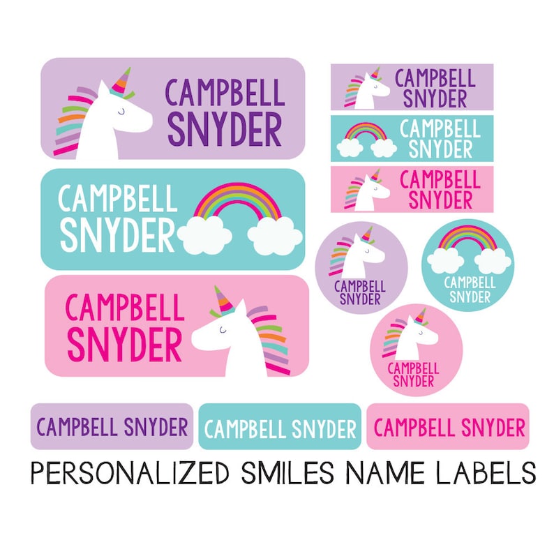 Unicorn School Name Labels | Personalized Waterproof Daycare and Camp Stickers | Iron On Clothing labels | Dishwasher Safe 