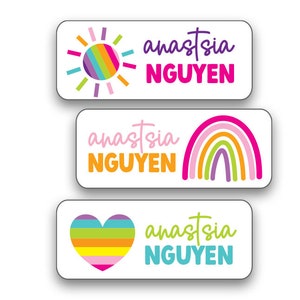 Custom Daycare Labels with Rainbow Sun Design, Personalized Waterproof School Supply Stickers for Girls, Dishwasher Safe Labels for Kids