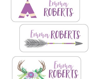 Girl Tribal Name Labels | Waterproof Daycare Stickers | School Supply Name Stickers | Dishwasher Safe