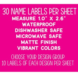 Puede incluir: Hoja rosa de 30 etiquetas de nombre impermeables, que miden 1,0 pulgadas por 2,6 pulgadas. Las etiquetas son aptas para lavavajillas y microondas, tienen un acabado mate y est&aacute;n disponibles en colores vibrantes. Cada hoja incluye 10 etiquetas de cada dise&ntilde;o.
