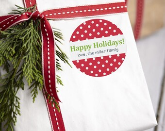 Red Polka Dot Gift Stickers, Personalized Christmas Stickers, Holiday Gift Labels, Custom Christmas Stickers,