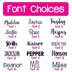 May include: A chart of 15 different fonts, each with a name and a number. The fonts are displayed in black text on a pink background.
