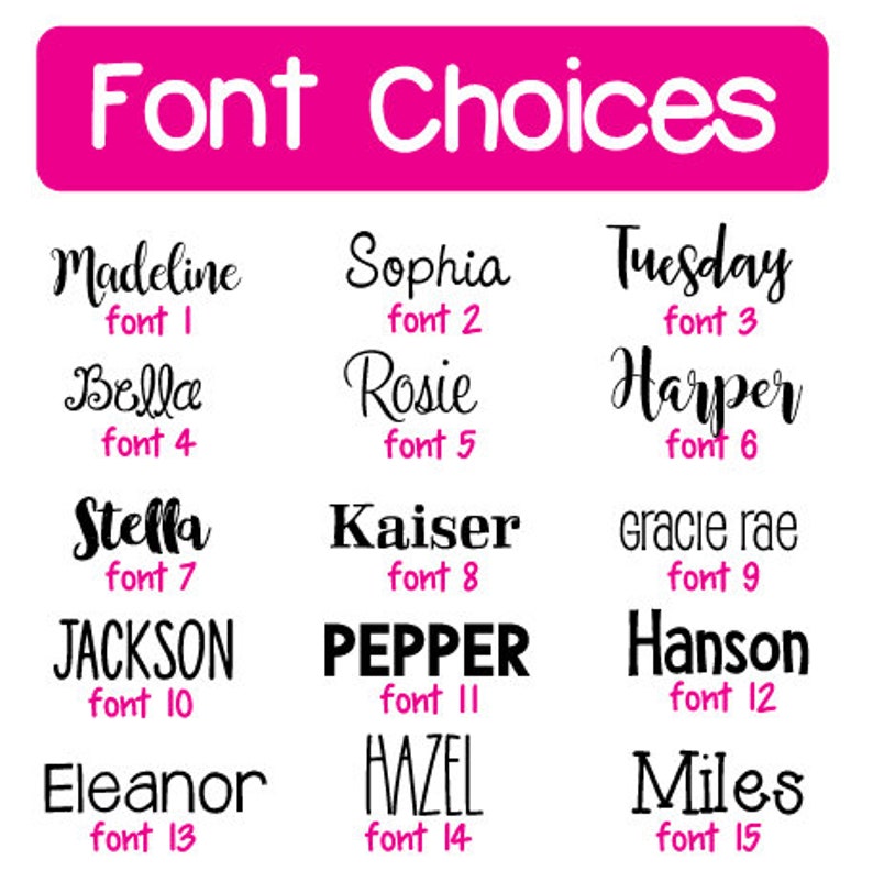 May include: A chart of 15 different fonts, each with a name and a number. The fonts are displayed in black text on a pink background.