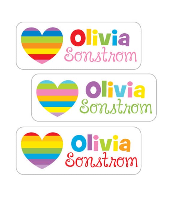 Heart Name Stickers | Waterproof Labels | Personalized Name Labels for School, Camp and Daycare | Rainbow Heart Design
