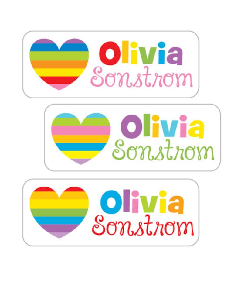 Heart Name Stickers Waterproof Labels Personalized Name Labels for School, Camp and Daycare Rainbow Heart Design image 1