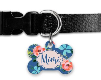 Personalized Pet ID Tag - Personalized Pet Tag - Custom Pet ID Tag - blue floral Dog Name Tag - Dog ID Tag - Dog Collar Name Tag