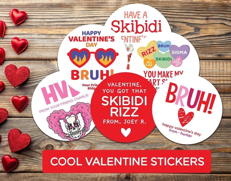 Kids Cool Skibidi Rizz Valentine Stickers