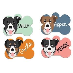 Border Collie Personalized Dog ID Tag for Collars, Custom Engraved Pet Identification Tag, Double Sided Bone Shaped Dog Name Tag