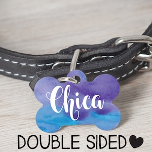 Watercolor Pet ID Tag, Girl or Boy Blue Purple Dog Tag, Personalized, Pet Gift, Custom ID Tag for Dogs