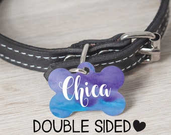 Watercolor Pet ID Tag, Girl or Boy Blue Purple Dog Tag, Personalized, Pet Gift, Custom ID Tag for Dogs