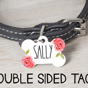 Floral Dog Tag, Personalized Pet Tag, Rae Dunn Inspired Dog Tag, Rose Flower Elegant Dog ID Tag