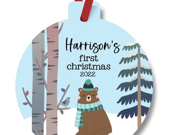 baby boy's first Christmas Ornament 2022, Woodland Animals, Rustic, Farmhouse, Baby Name Ornament, Baby Boy Newborn Keepsake