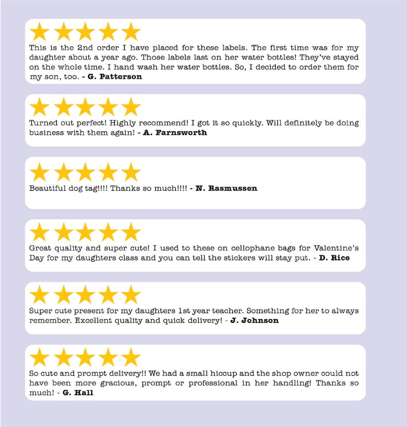 May include: Five customer reviews with five stars each. The reviews are positive and highlight the quality and quick delivery of the product. The reviews mention the product being used for water bottles, cellophane bags, and as a gift for a teacher.