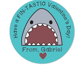 Shark Valentine Day Stickers, Personalized Custom for school valentines, Fintastic valentine, treat bag valentines day labels