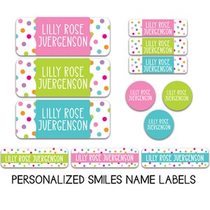 Name Labels Variety Pack | Polka Dot Name Labels | Skinny Labels, Iron on Clothing Labels, Waterproof Decals for School, Daycare and Camp