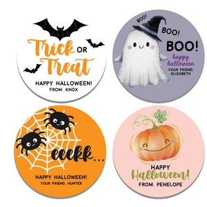 Halloween Stickers, Personalized Candy Treat Stickers, Pumpkin, Ghosts, Bat, Spider, Happy Halloween Labels Treat Bag Stickers
