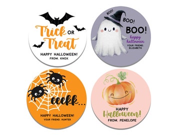Halloween Stickers, Personalized Candy Treat Stickers, Pumpkin, Ghosts, Bat, Spider, Happy Halloween Labels Treat Bag Stickers