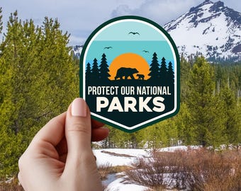 Sticker en vinyle pour protéger le parc national | Sticker nature imperméable pour voiture, ordinateur portable, gourde | Coucher de Soleil No Drill Ours Anti Trump