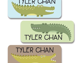 Étiquettes prénom garçon pour camping, garderie, école, lavables au lave-vaisselle, autocollants pour biberon, motif alligator