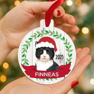 Black and White Cat Ornament for 2025 Personalized with Name | Tuxedo Kitty Holiday Keepsake