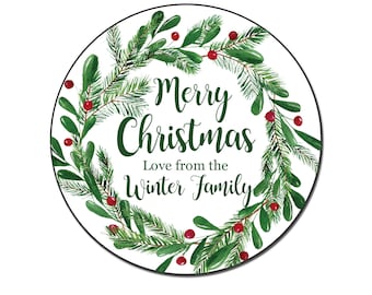Personalized Christmas Wreath stickers, wreath labels, christmas labels, holiday stickers, gift labels, christmas card labels, Holly Wreath