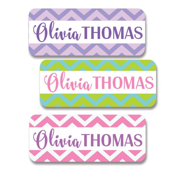 Etiquetas de nombre personalizadas para niñas, útiles escolares, guardería,  campamento / impermeable, apto para lavavajillas, lindo diseño de chevron