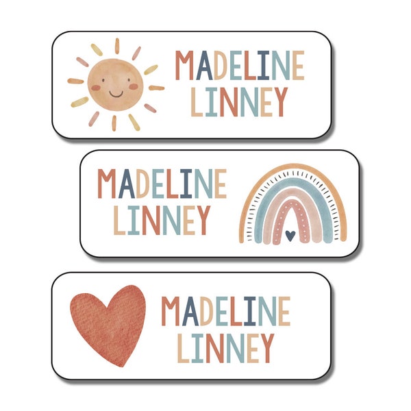 Personalized Daycare Name Labels, Waterproof School Labels, Kids Camp Stickers, Custom Name Labels for Clothes, Boho Rainbows