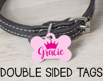 Personalized Girl Dog Tag, Queen or Princess Crown Custom Pet Id Tag, Double Sided Custom Name Dog Tag, Crown Tiara Girl Dog Tag Collar