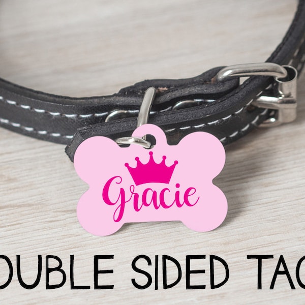 Personalized Girl Dog Tag, Queen or Princess Crown Custom Pet Id Tag, Double Sided Custom Name Dog Tag, Crown Tiara Girl Dog Tag Collar