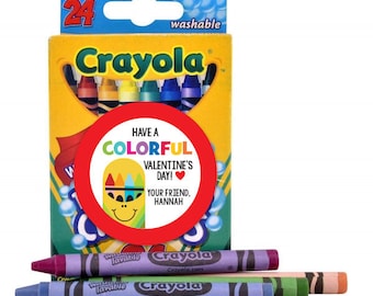 May include: A box of 24 Crayola washable crayons with a red circle sticker that says "Have a Colorful Valentine's Day!" with a heart and "Your Friend, Hannah".