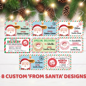 From Santa Gift Stickers for Kids | Personalized North Pole Labels for Presents | 8 Designs | Santa Claus Gift Tags | Special Delivery