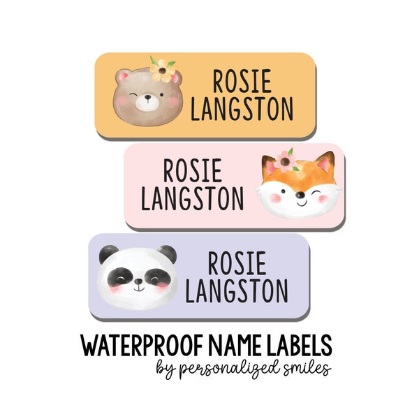 30 Custom School Labels, Dishwasher Safe Waterproof Daycare Stickers, Fox, Panda Bear Design, Preschool Name Labels for Kids