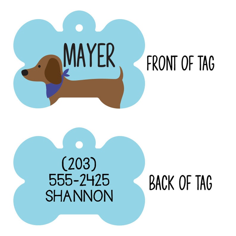 May include: A blue bone-shaped dog tag with a brown dachshund wearing a blue bandana on the front. The back of the tag has the text (203) 555-2425 SHANNON.