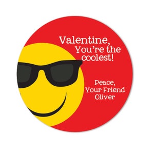 Personalized Valentine Sticker, Cool Sunglasses Emoji Valentine Stickers, Classroom Treat Bag Labels or Tags, emoticon