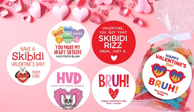 kids Slang Skibidi Valentine Day Stickers for Treat Bags