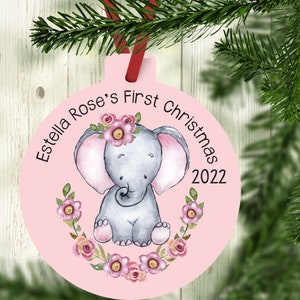 Baby's First Christmas Ornament, Personalized Baby's Christmas Ornament, Elephant Baby Ornament, New baby gift, baby girl Ornament pink