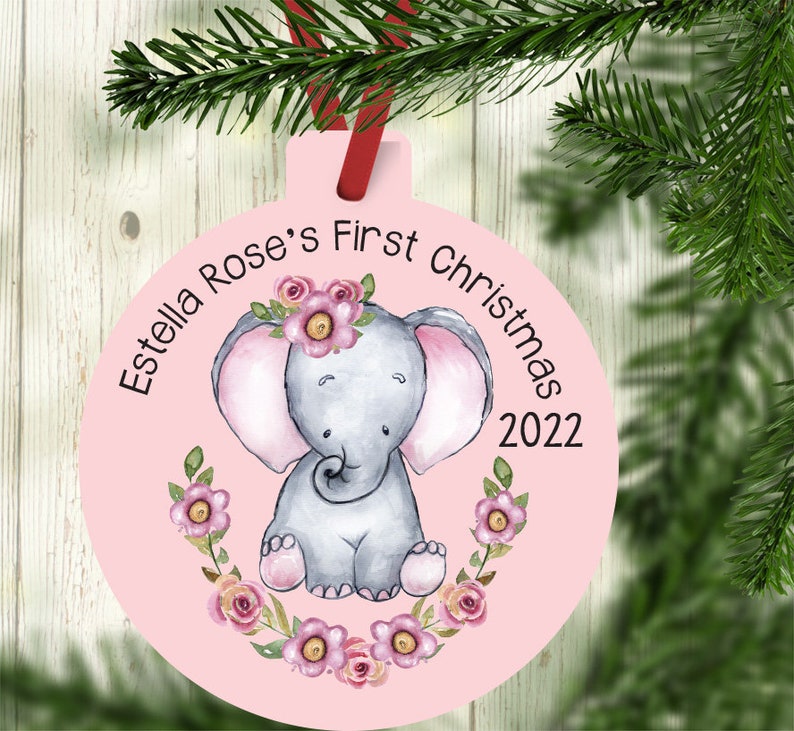 Baby's First Christmas Ornament, Personalized Baby's Christmas Ornament, Elephant Baby Ornament, New baby gift, baby girl Ornament pink