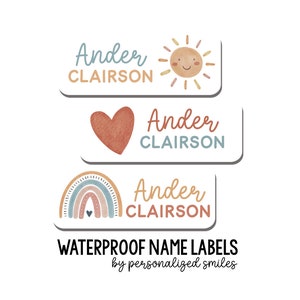 Personalized Waterproof Stickers, School Name Labels, Back to School Supply Labels, Dishwasher Safe Daycare Labels, Boho Sun and Rainbow