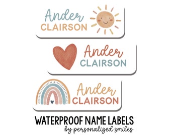 Personalized Waterproof Stickers, School Name Labels, Back to School Supply Labels, Dishwasher Safe Daycare Labels, Boho Sun and Rainbow