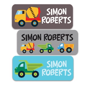 Boy Name Labels, Daycare Personalized Waterproof School Name Labels, Waterproof Labels, Dishwasher Safe, Construction Trucks