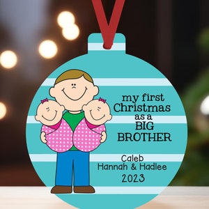 First Christmas as a Big Brother of Twin Sisters | Personalized 2023 Twins Christmas Ornament | Custom Big Brother of Twin Girls Keepake